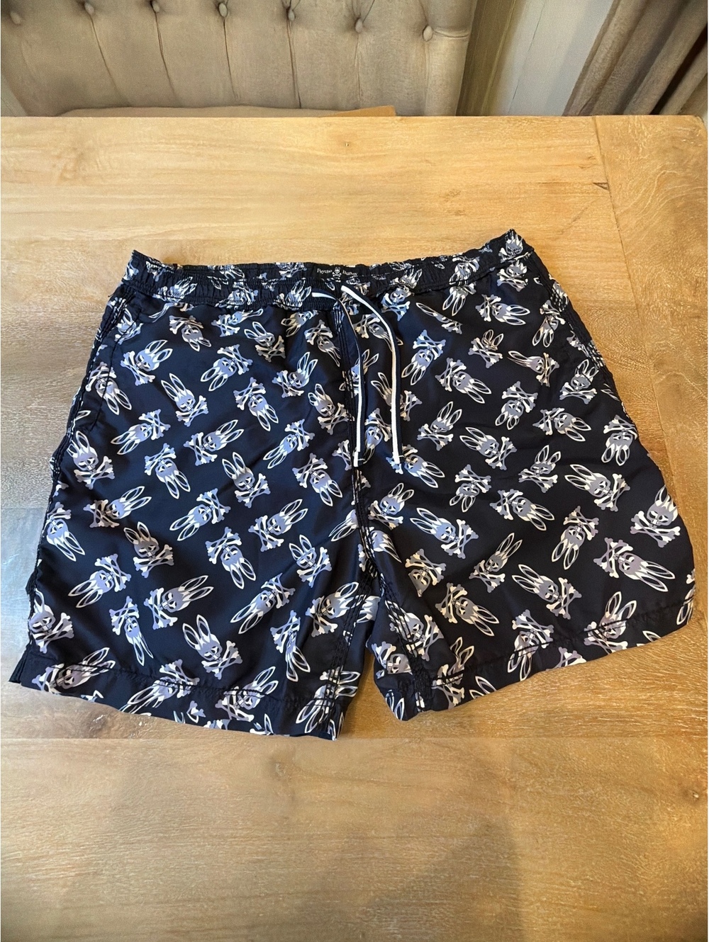 Psycho Bunny Men's Swim Trunks Allover Logo Print Navy Large L Waist 36